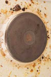 Very dirty plate in grease stains in the kitchen.